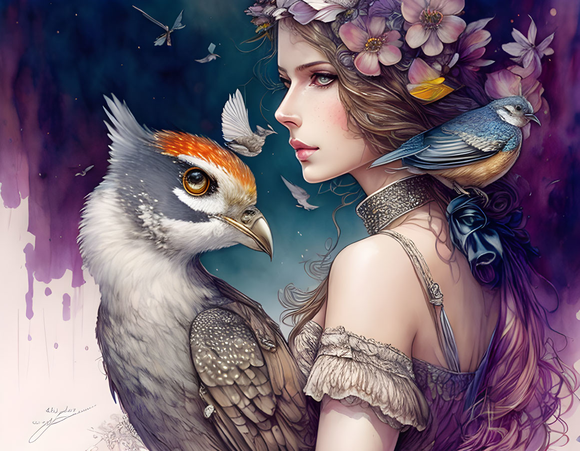 Illustrated portrait of woman with flowers, bird, butterfly, galaxy background