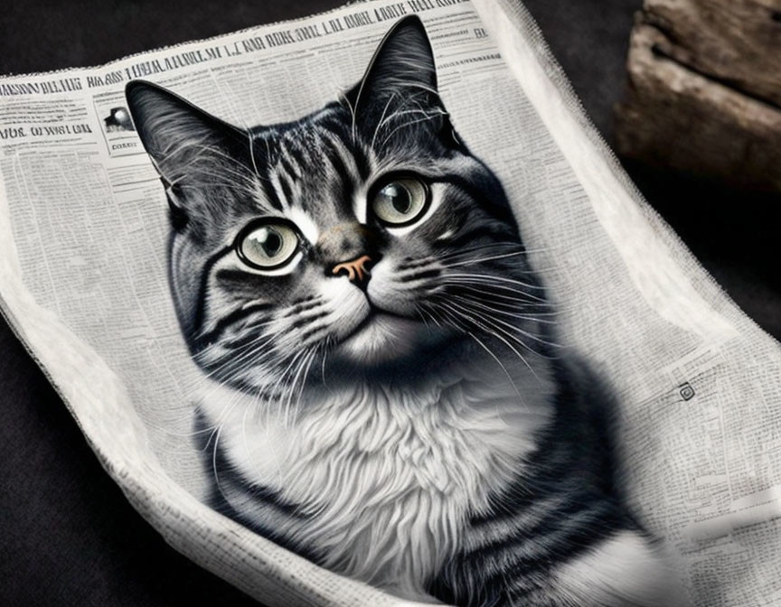 Black and White Cat with Yellow Eyes Behind Newspaper