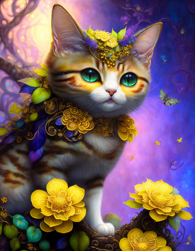 Ornate orange tabby cat with golden floral accessories and butterflies on fantasy background