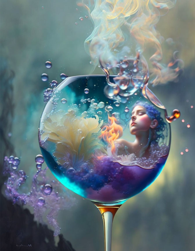 Surreal artwork: Woman submerged in vibrant cocktail glass with fiery and floral underwater elements