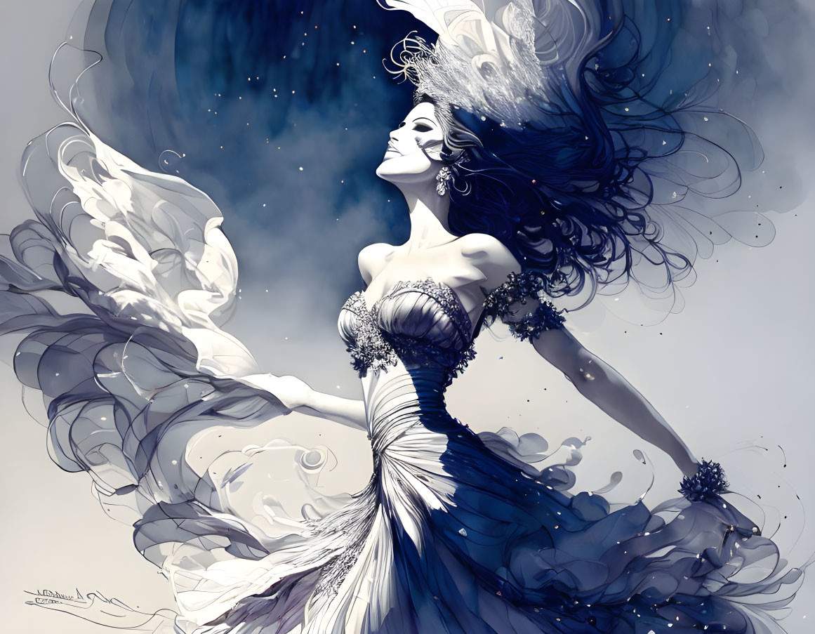 Elegant woman in flowing white and dark dress against starry sky