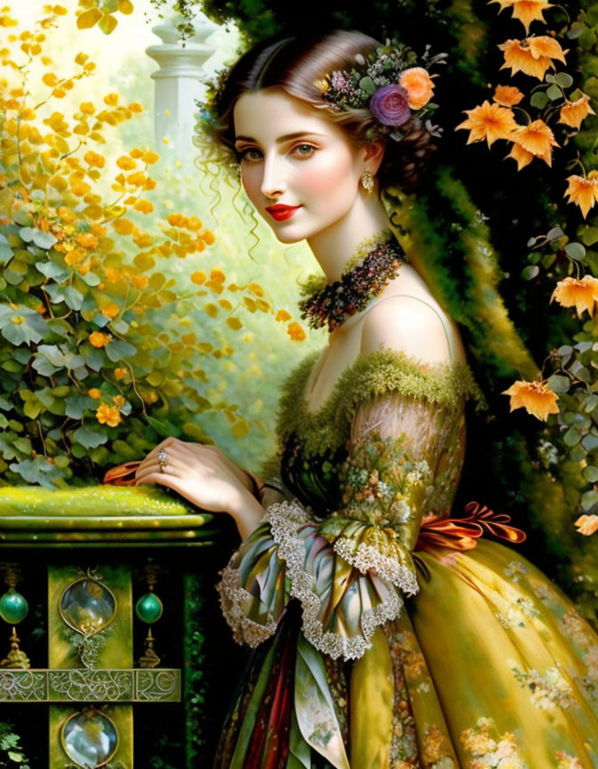 Woman with flowers in hair, green and yellow gown, by balustrade with lush foliage.