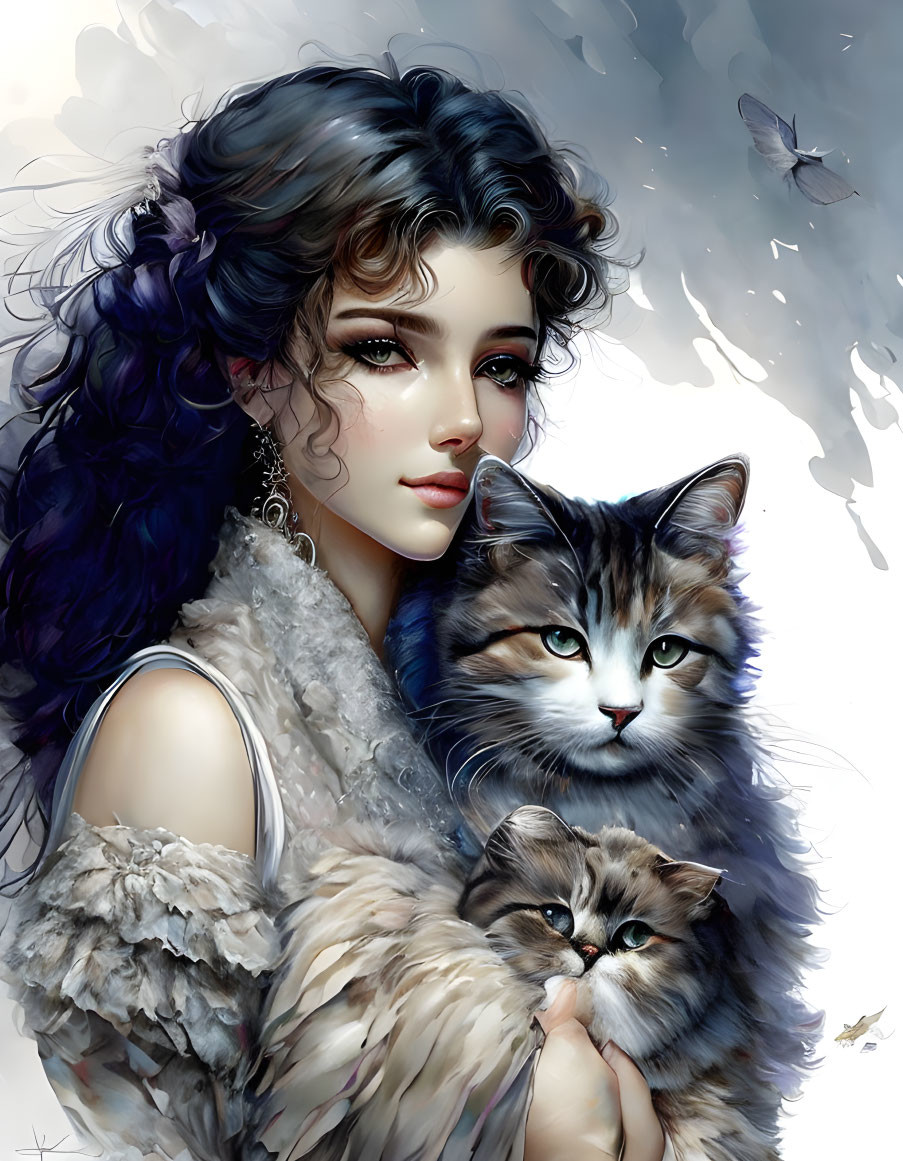 Digital illustration of woman with blue eyes, curly hair, holding fluffy cats, butterflies, soft background