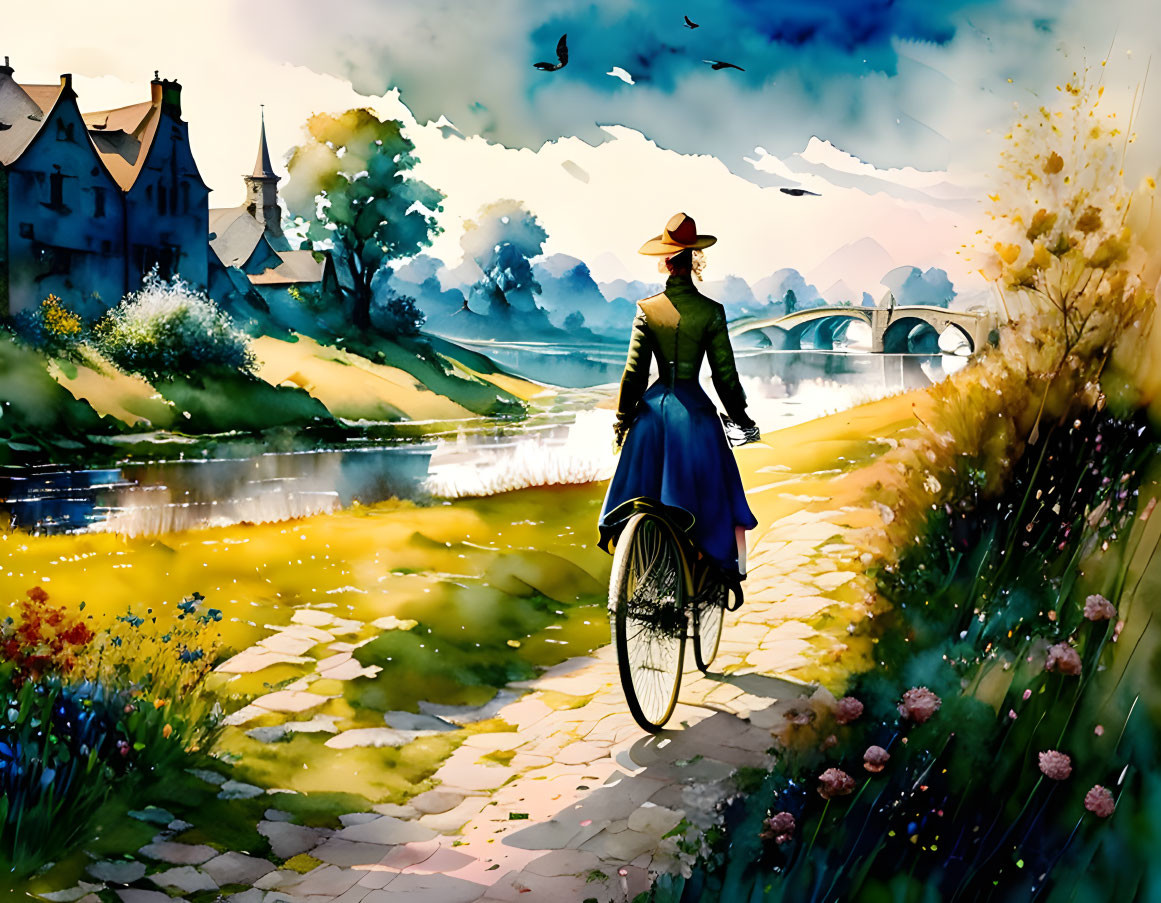 Person in hat biking by river with castle and bridge in background