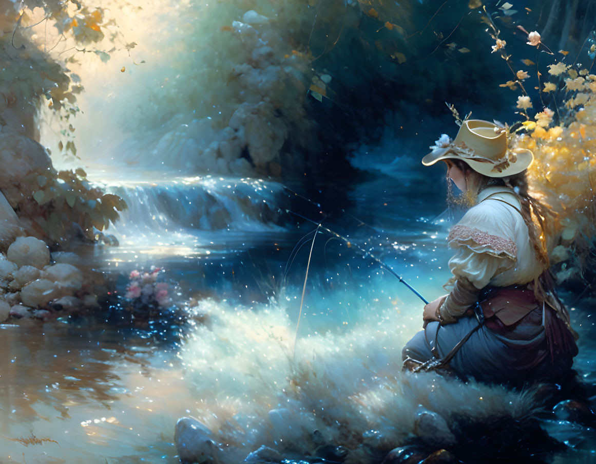 Person in hat fishing by sun-dappled stream in lush foliage.