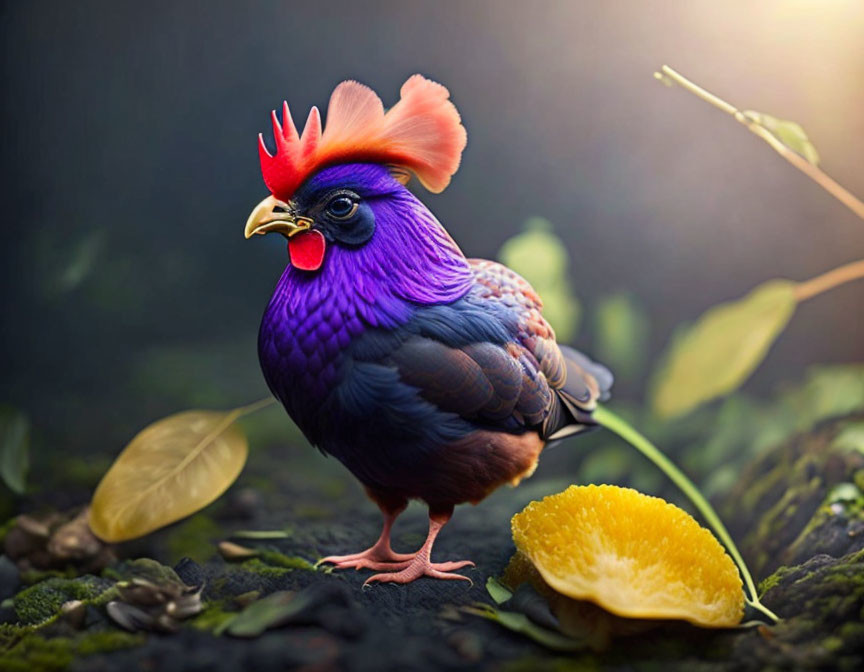 Colorful bird with red comb near orange slice in nature background