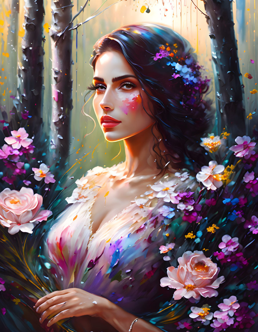 Colorful flower-adorned woman in whimsical forest setting surrounded by blooming flowers