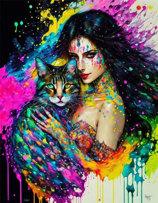 Colorful artwork: Woman with cat in vibrant paint splatters