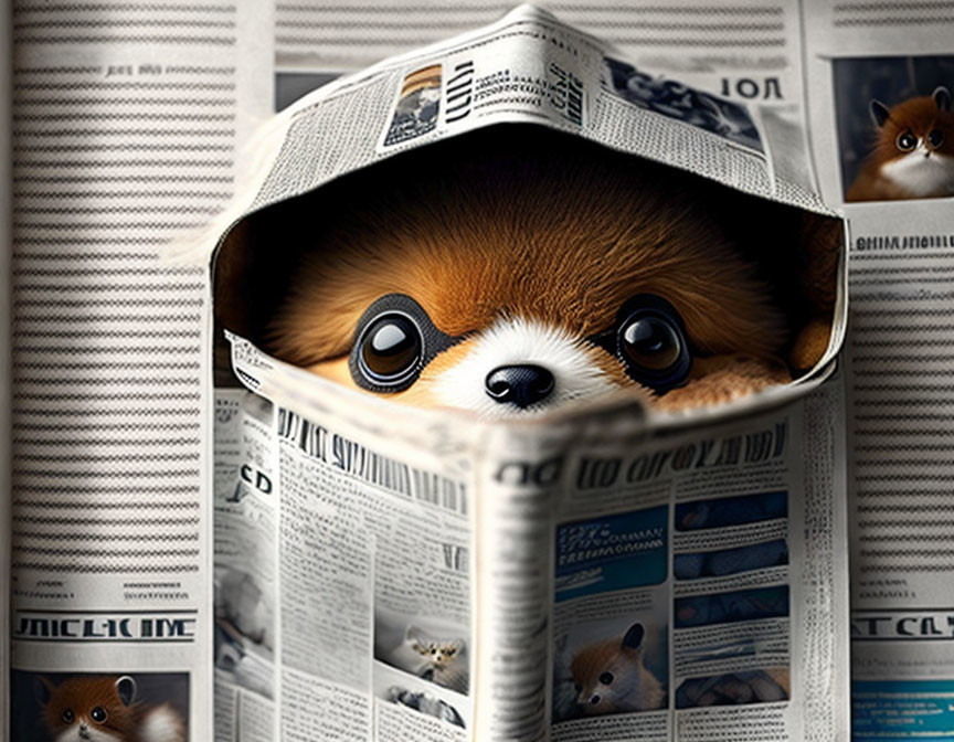 Pomeranian Dog Peeking Through Newspaper Hole