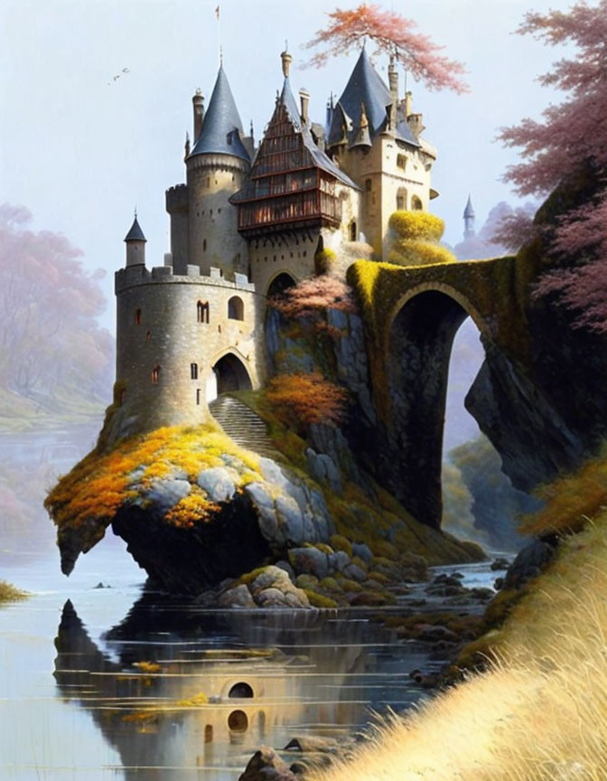 Medieval castle with turrets, flags, pink trees, golden foliage, and river