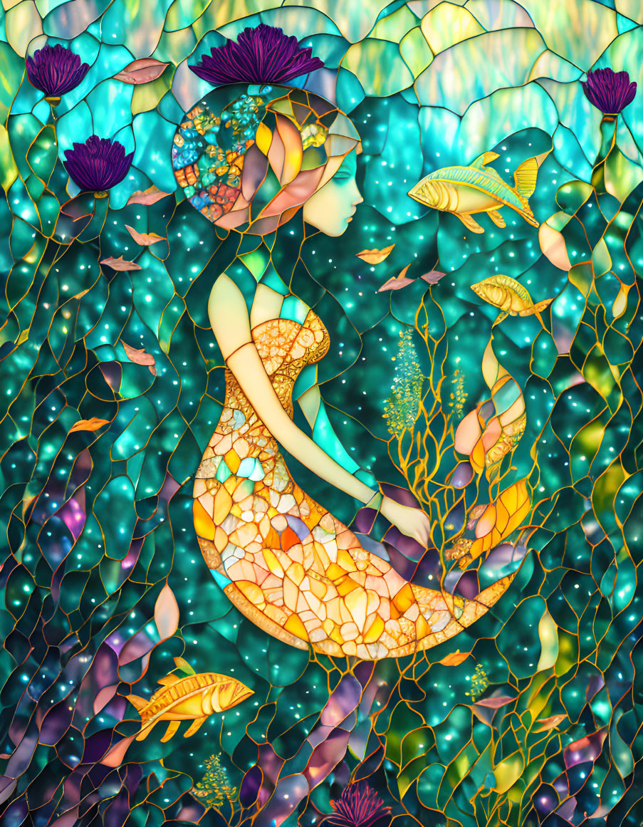 Colorful Mermaid Woman in Underwater Scene with Fish and Floral Motifs