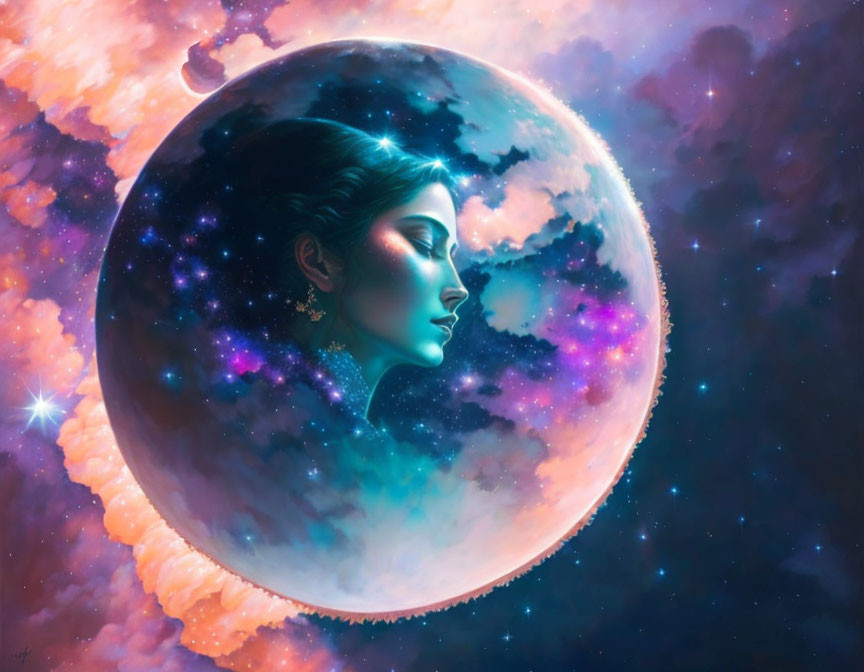 Illustration: Woman's profile in celestial orb with cosmic nebula