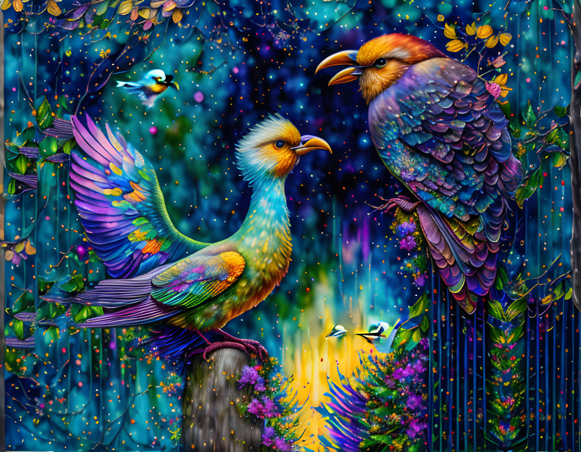 Colorful Digital Art: Two Birds on Branches in Starry Floral Scene