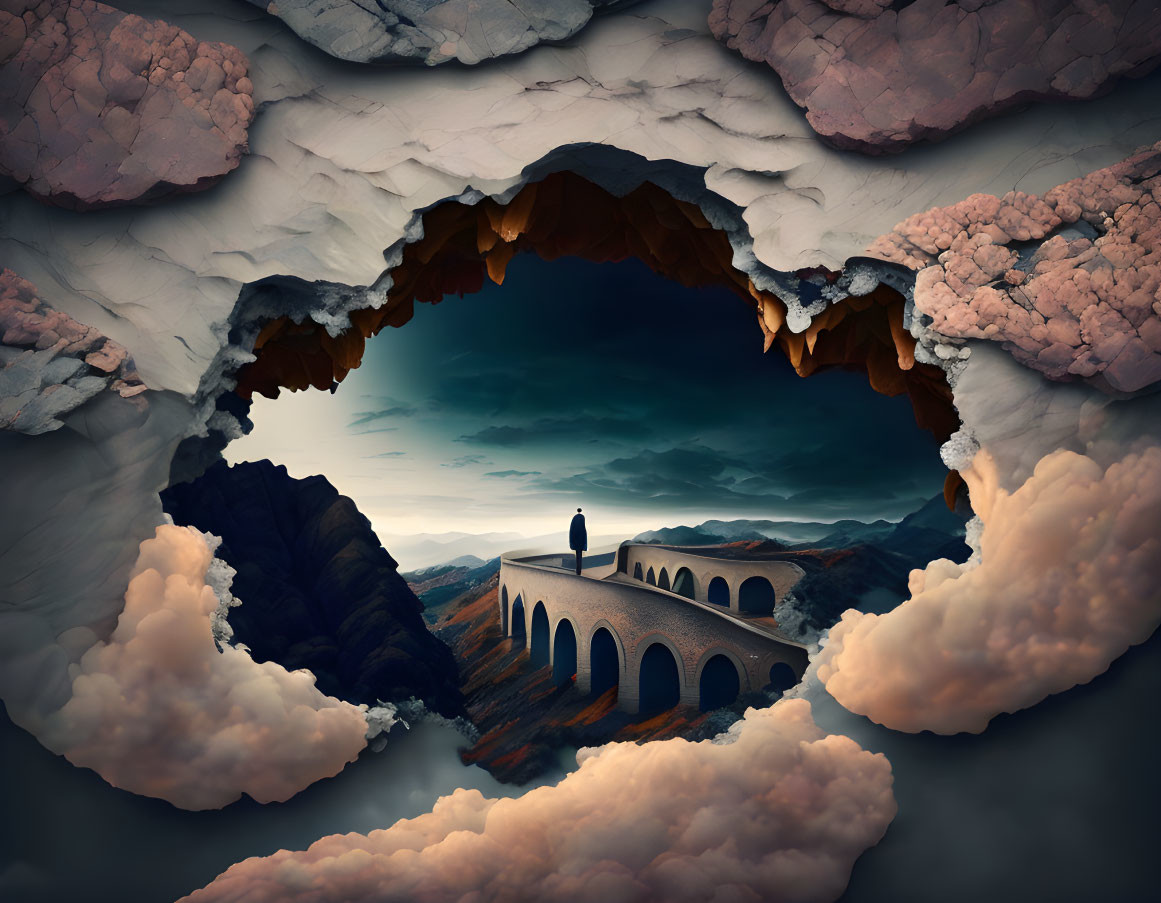 Surreal landscape with rocky formations and lone figure on arched bridge