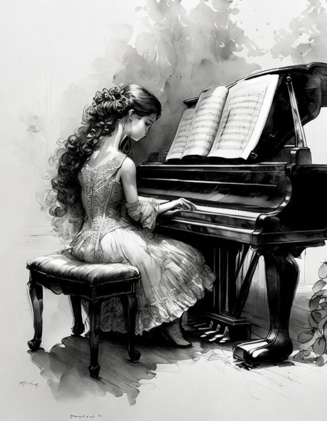 Monochromatic illustration: Woman playing grand piano