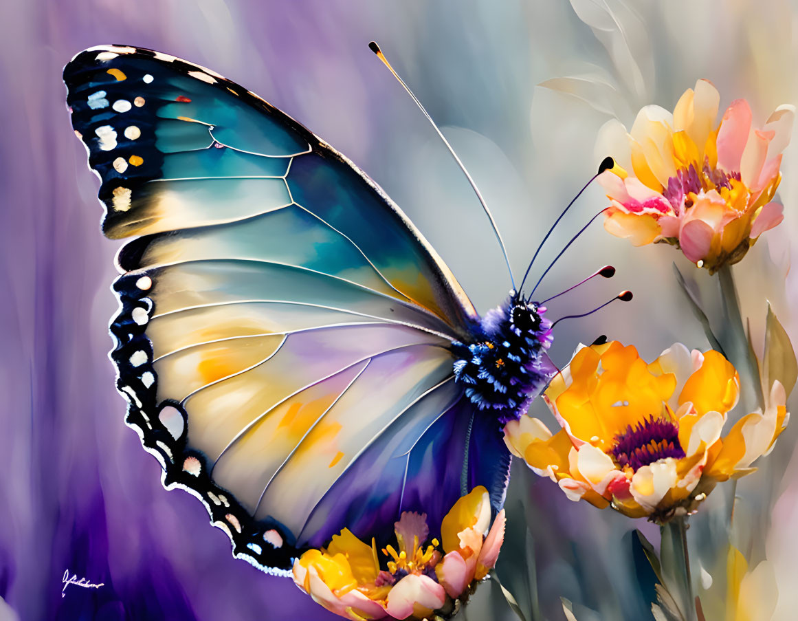 Colorful Butterfly Painting on Flowers Against Purple Background