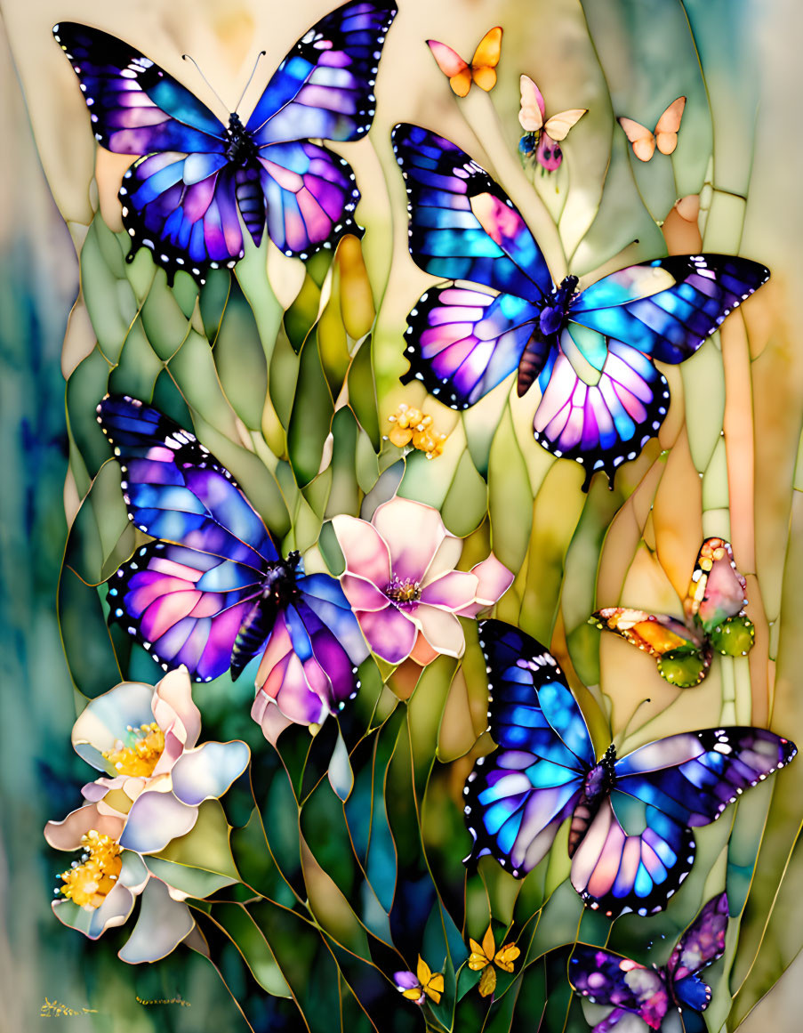 Colorful Butterflies and Flowers on Soft Painted Background