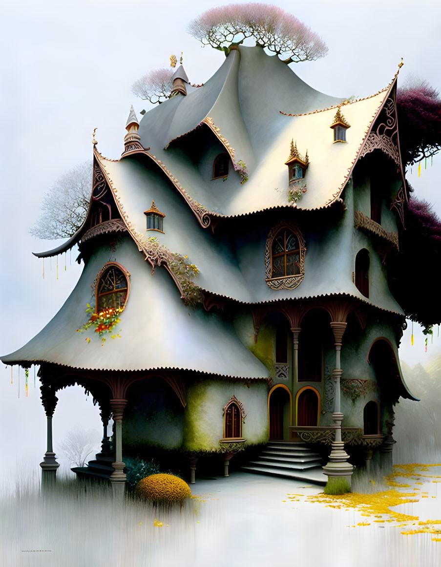 Whimsical fairy tale house with ornate windows and autumn trees.