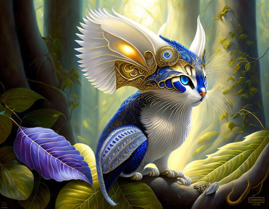 White winged cat with blue and gold details in enchanted forest