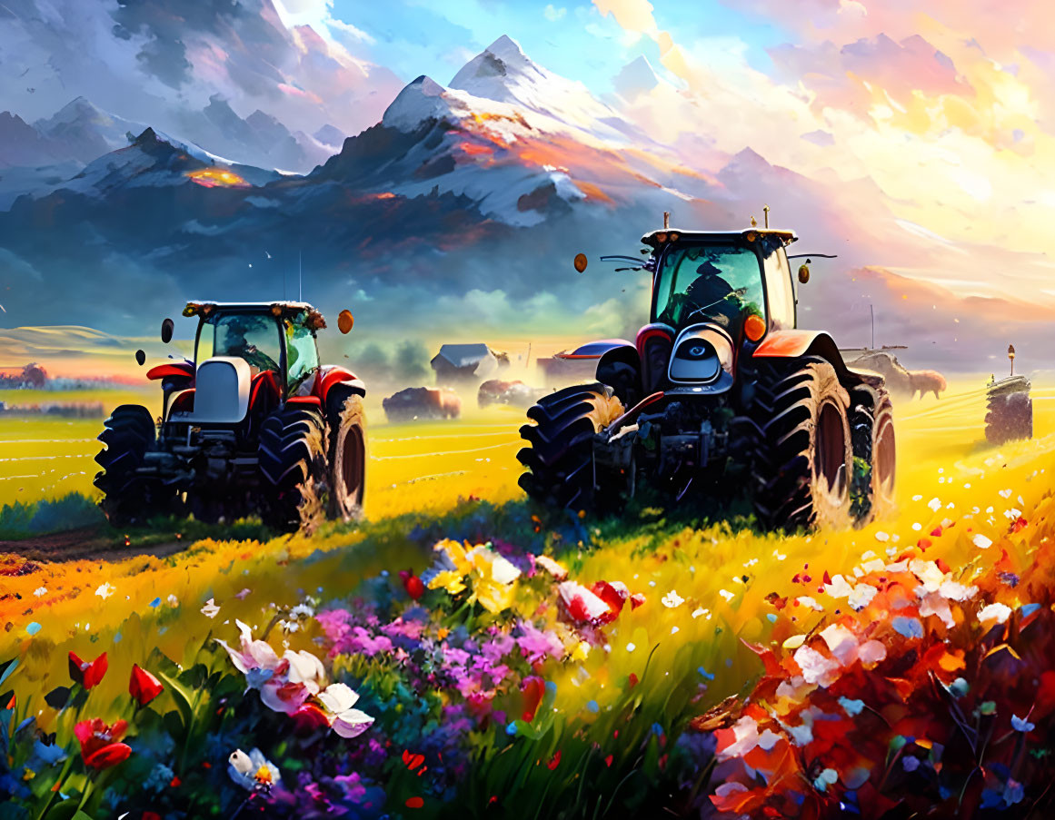 Vibrant meadow scene with two tractors, flowers, and mountains.