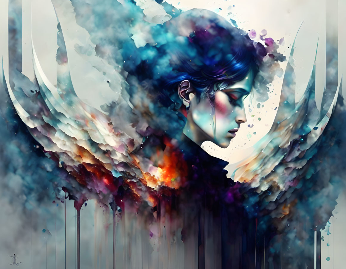 Colorful Abstract Wings on Cosmic Background: Vibrant Hues and Dripping Paint