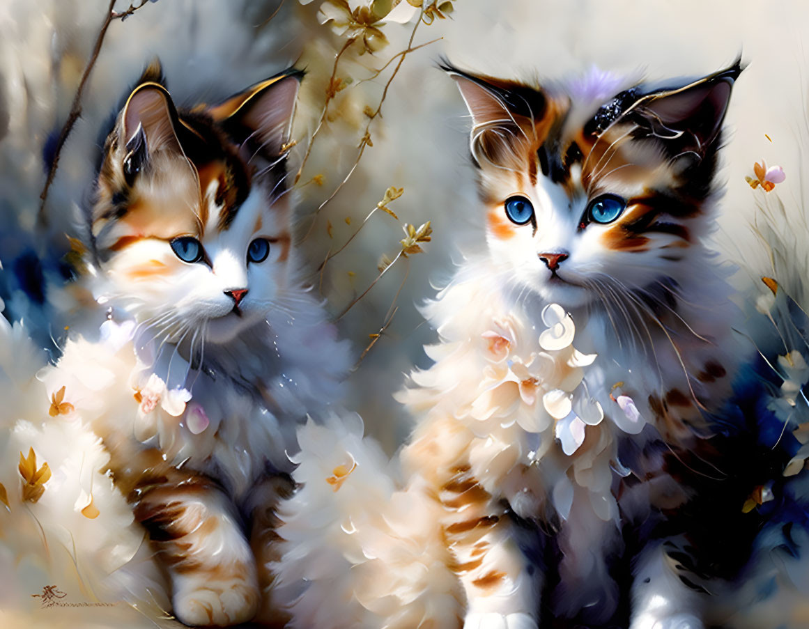 Fluffy Kittens with Striking Blue Eyes in Dreamy Floral Setting