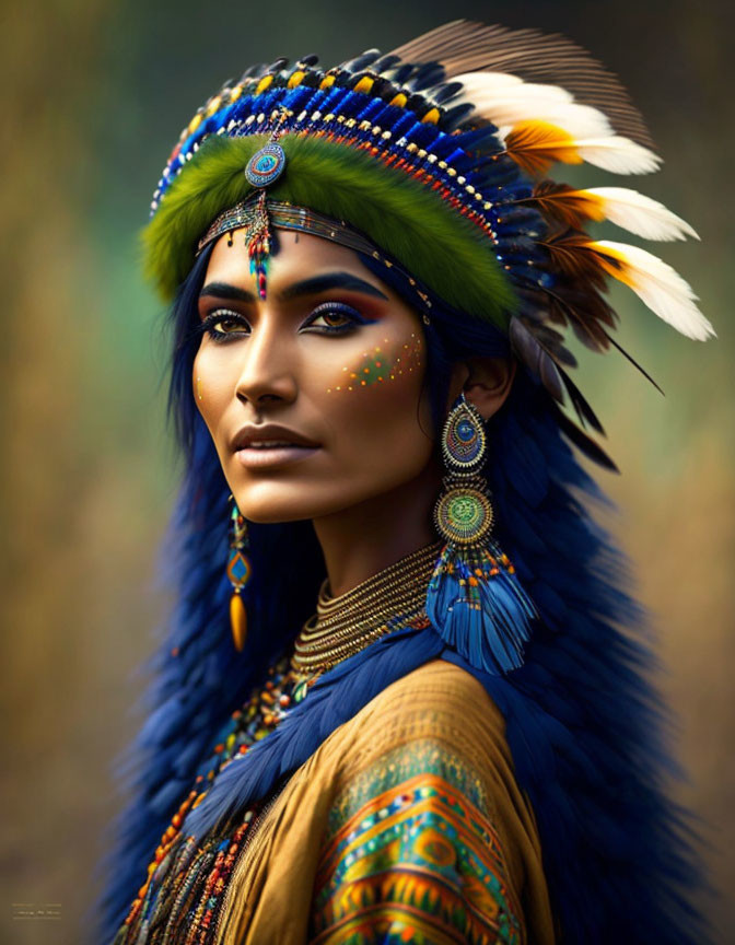 Colorful Woman in Feathered Headdress and Beaded Attire Portrait