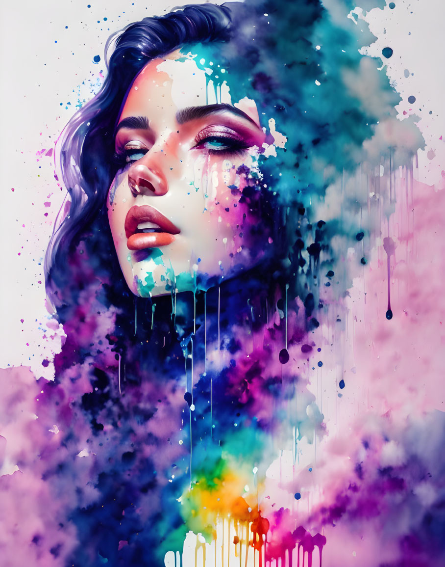 Realistic style portrait of a woman with abstract watercolor splashes