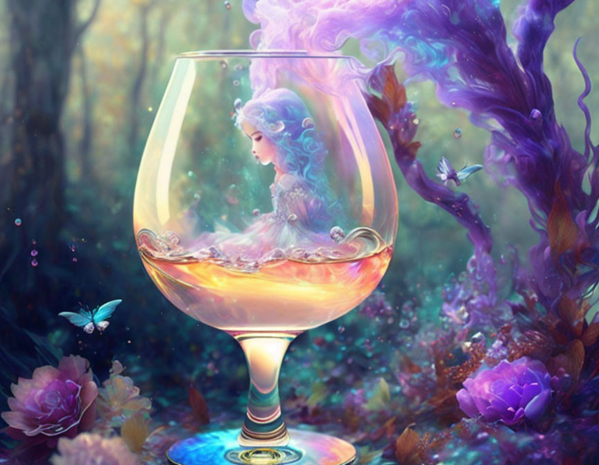 Miniature woman in wine glass amid ethereal forest scenery