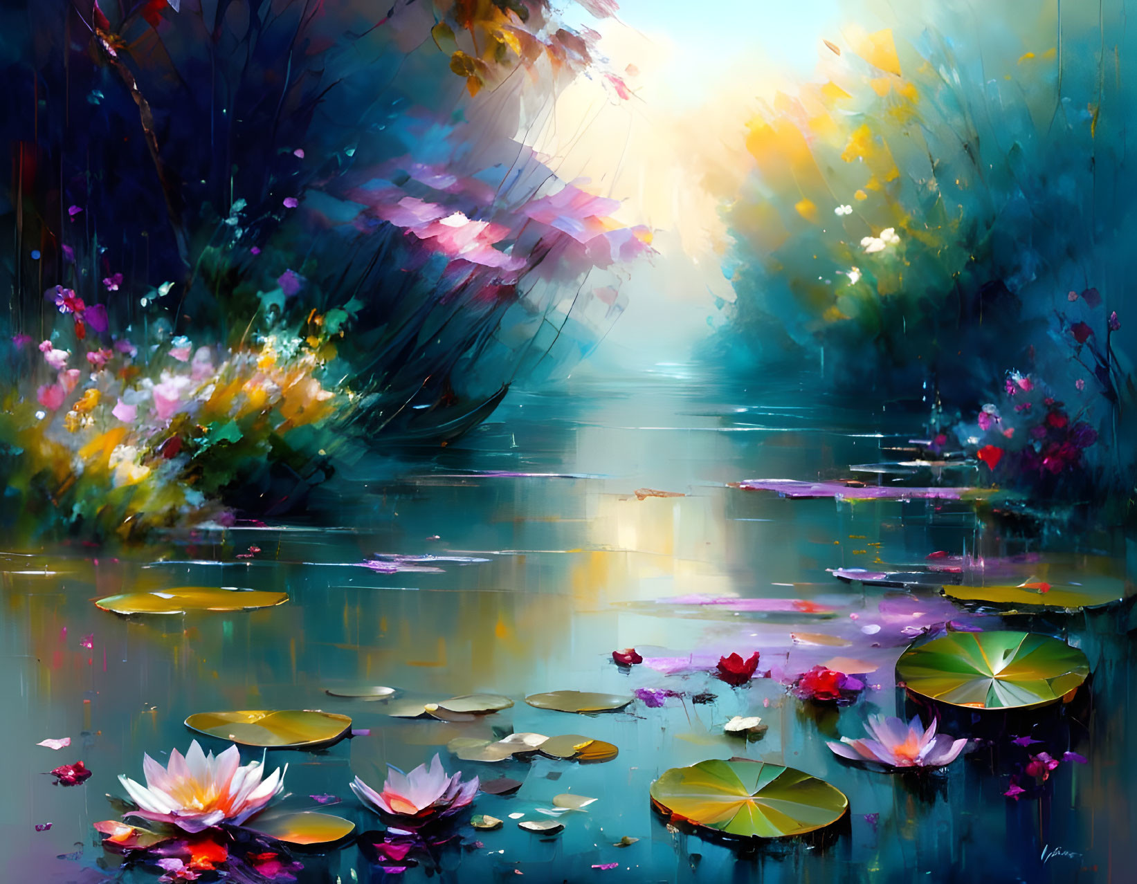 Colorful Water Lily Pond Painting with Sunlight and Misty Trees