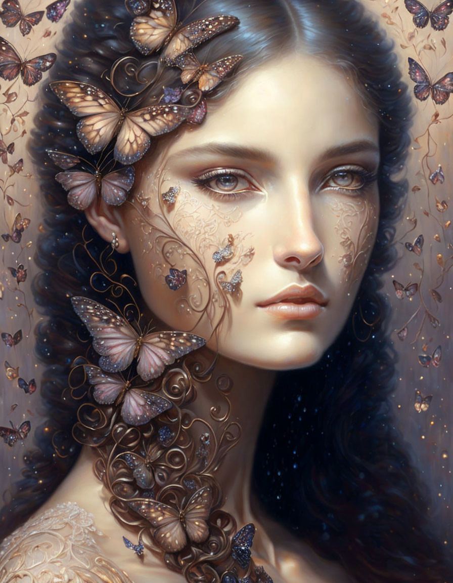 Portrait of Woman with Butterfly Motifs and Mystical Background