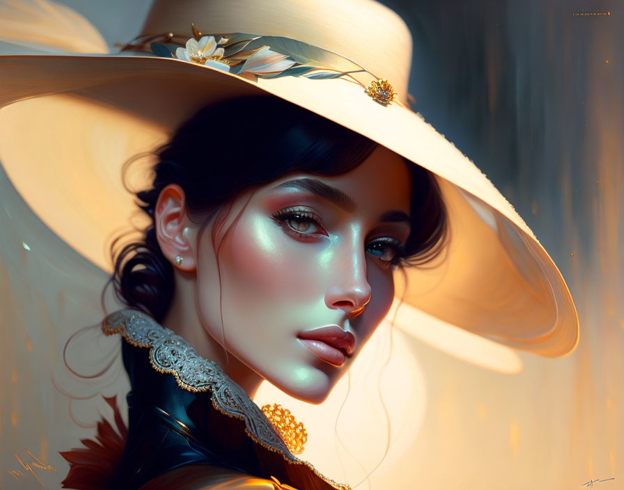 Illustration of woman with blue eyes, glossy lips, wide-brimmed hat & flowers