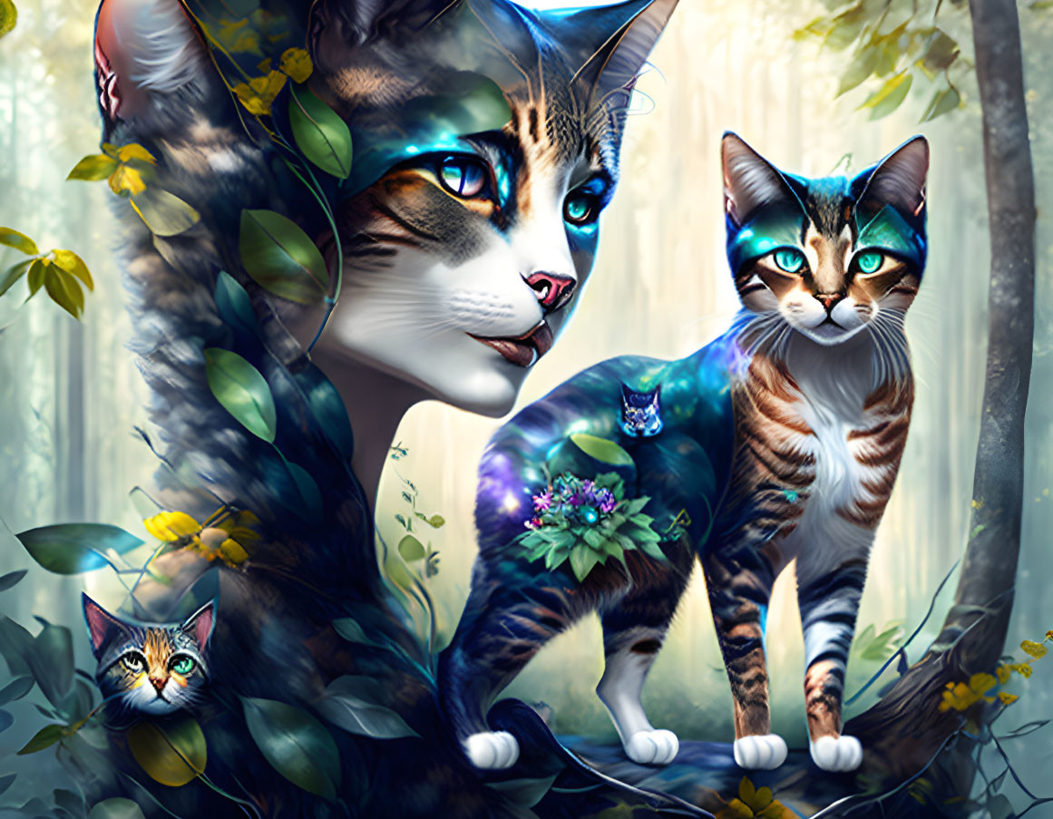 Three stylized cats with blue markings in lush forest scenery.