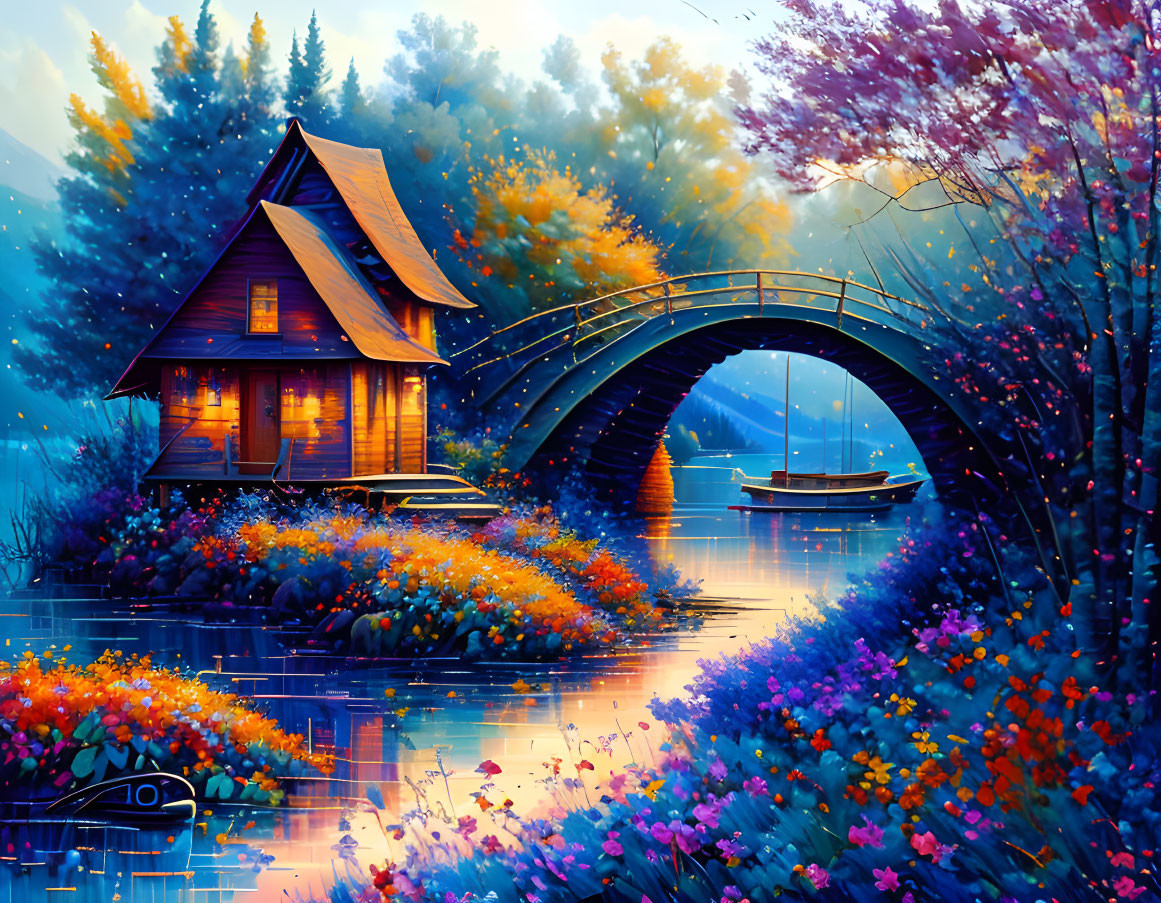 Tranquil lakeside cottage with stone bridge and colorful flora