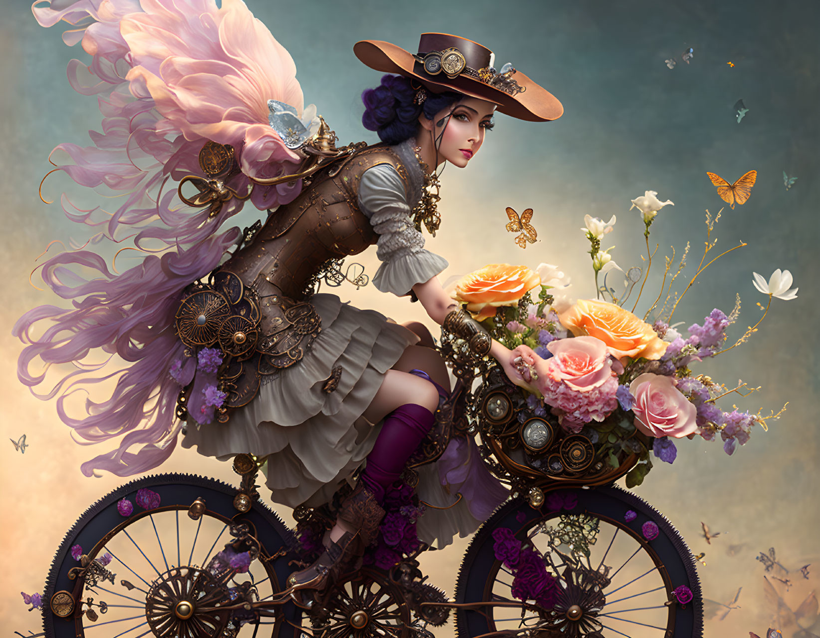 Steampunk woman on unique bicycle with gears and butterflies