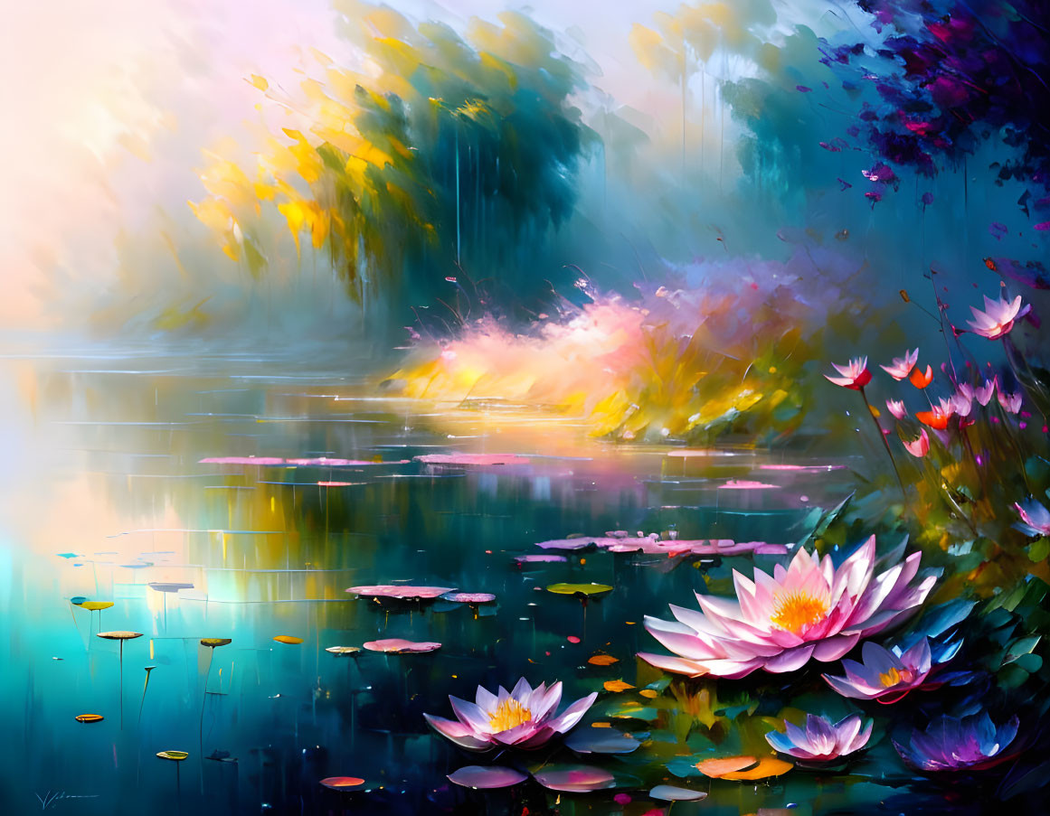 Serene lake with water lilies and colorful forest reflection