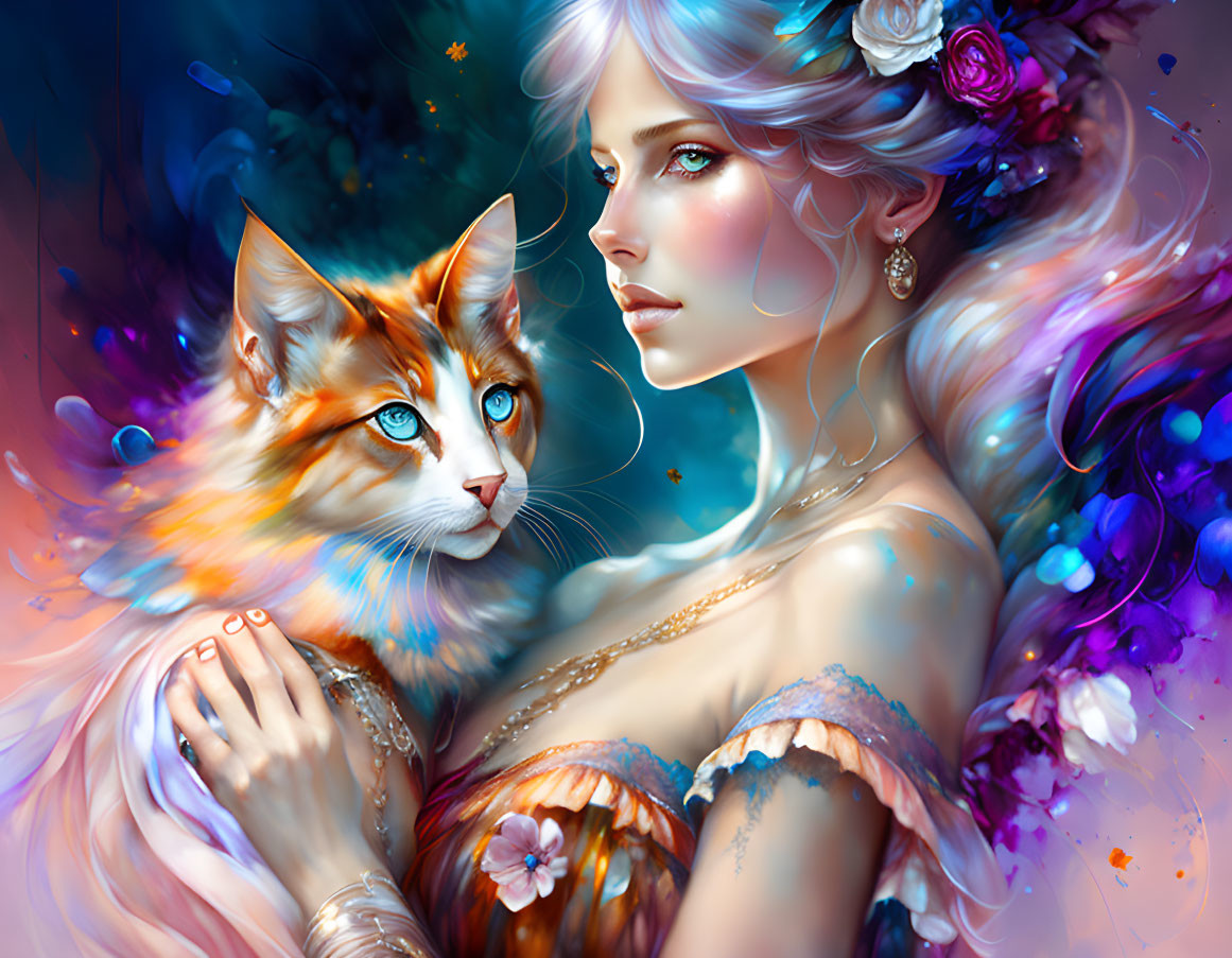 Fantasy Artwork: Woman with Blue Hair and Mystical Orange Cat