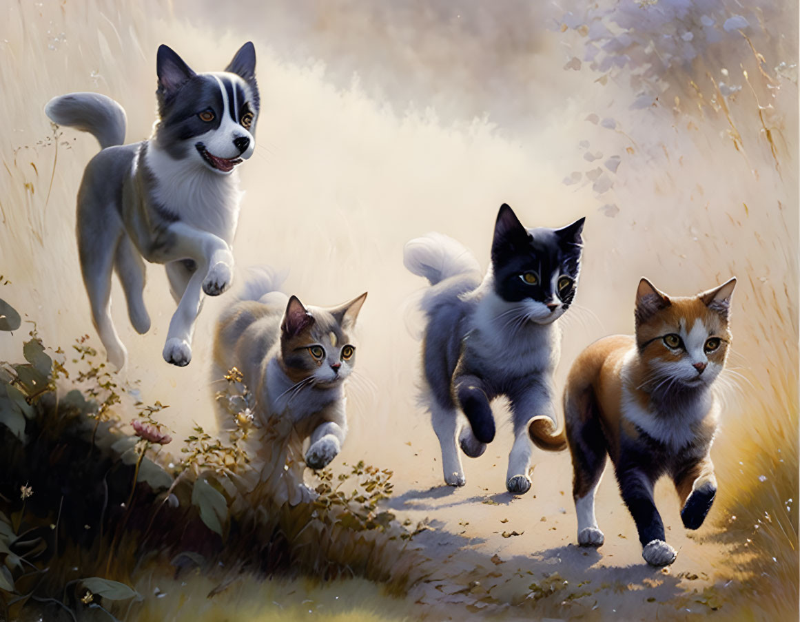 Colorful Cats Follow Joyful Dog in Sunlit Field