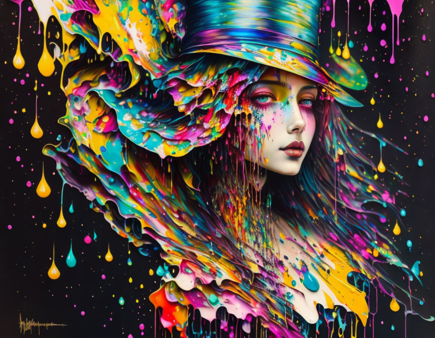 Colorful Woman Portrait with Flowing Hat and Abstract Elements