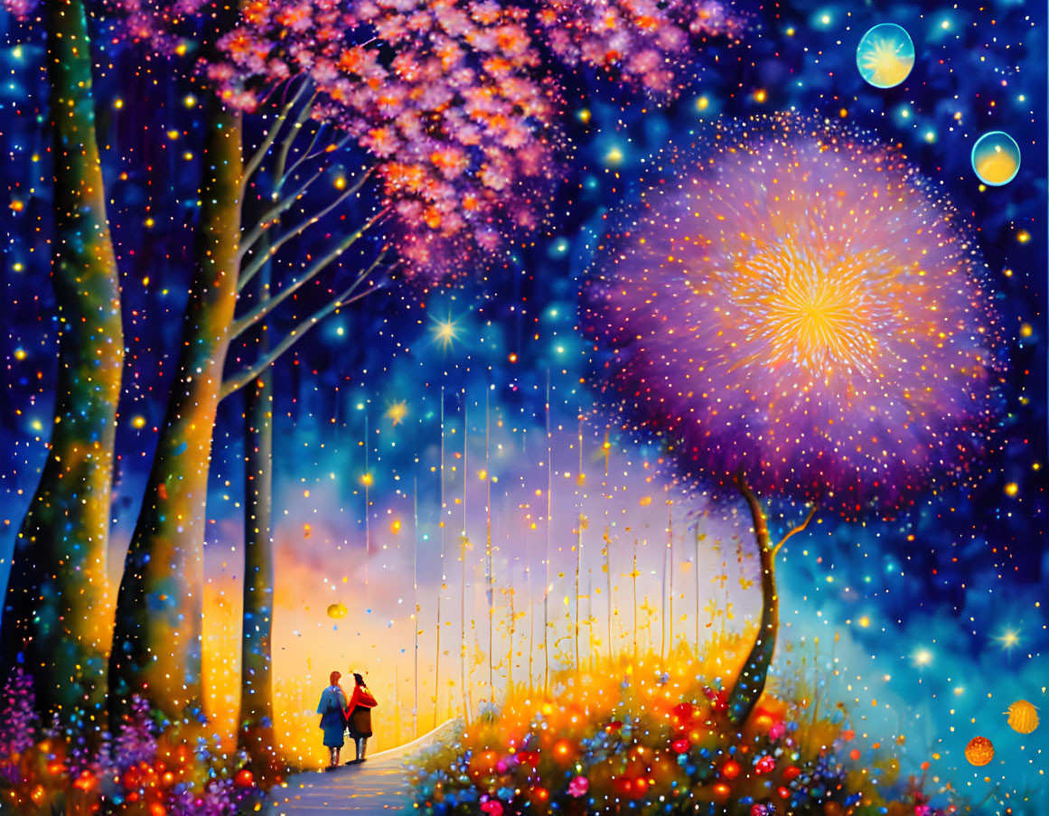 Colorful digital painting of person under starry sky with glowing orbs and trees