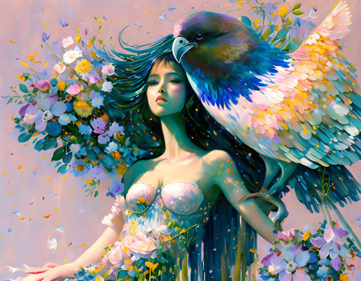 Woman with floral elements merging with colorful bird in vibrant backdrop