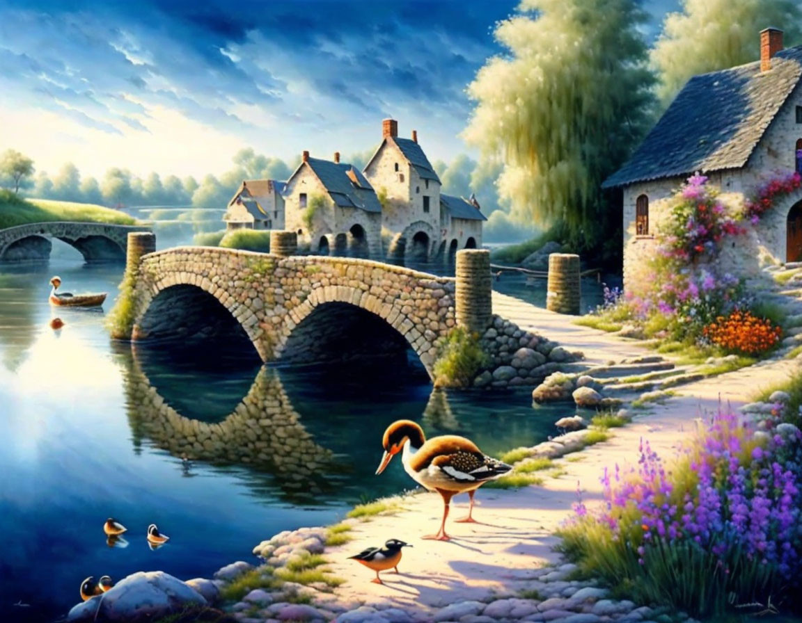 Tranquil countryside landscape with stone bridge, river, traditional houses, ducks, bird, and blo