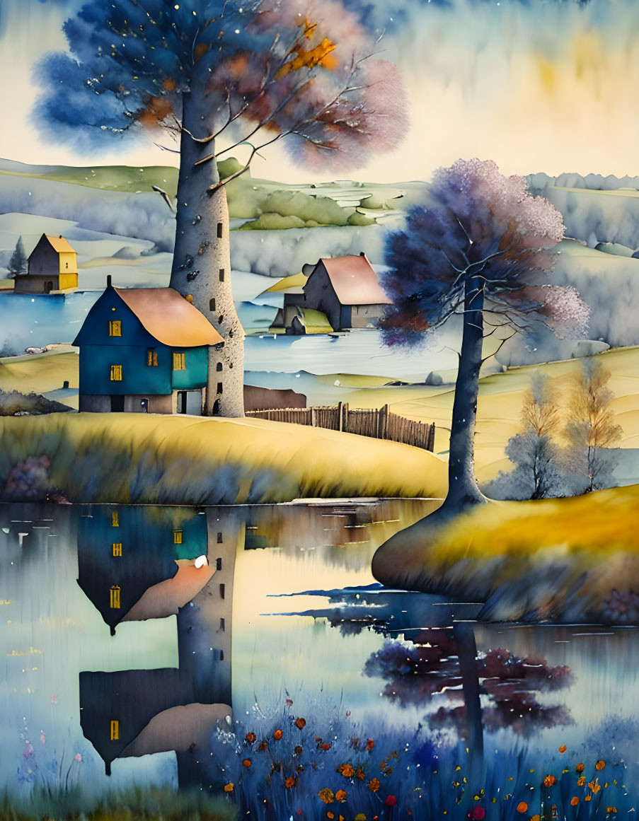 Serene watercolor painting of vibrant landscape scene