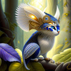 White winged cat with blue and gold details in enchanted forest