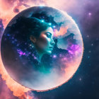 Illustration: Woman's profile in celestial orb with cosmic nebula