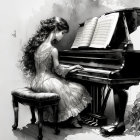 Monochromatic illustration: Woman playing grand piano