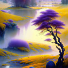 Tranquil landscape with purple tree, river, and rolling hills