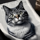 Black and White Cat with Yellow Eyes Behind Newspaper