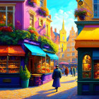 Colorful Street Scene with Blooming Flowers and Quaint Shops at Sunset