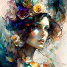 Colorful digital artwork: Woman with floral headdress in blue, gold, purple.